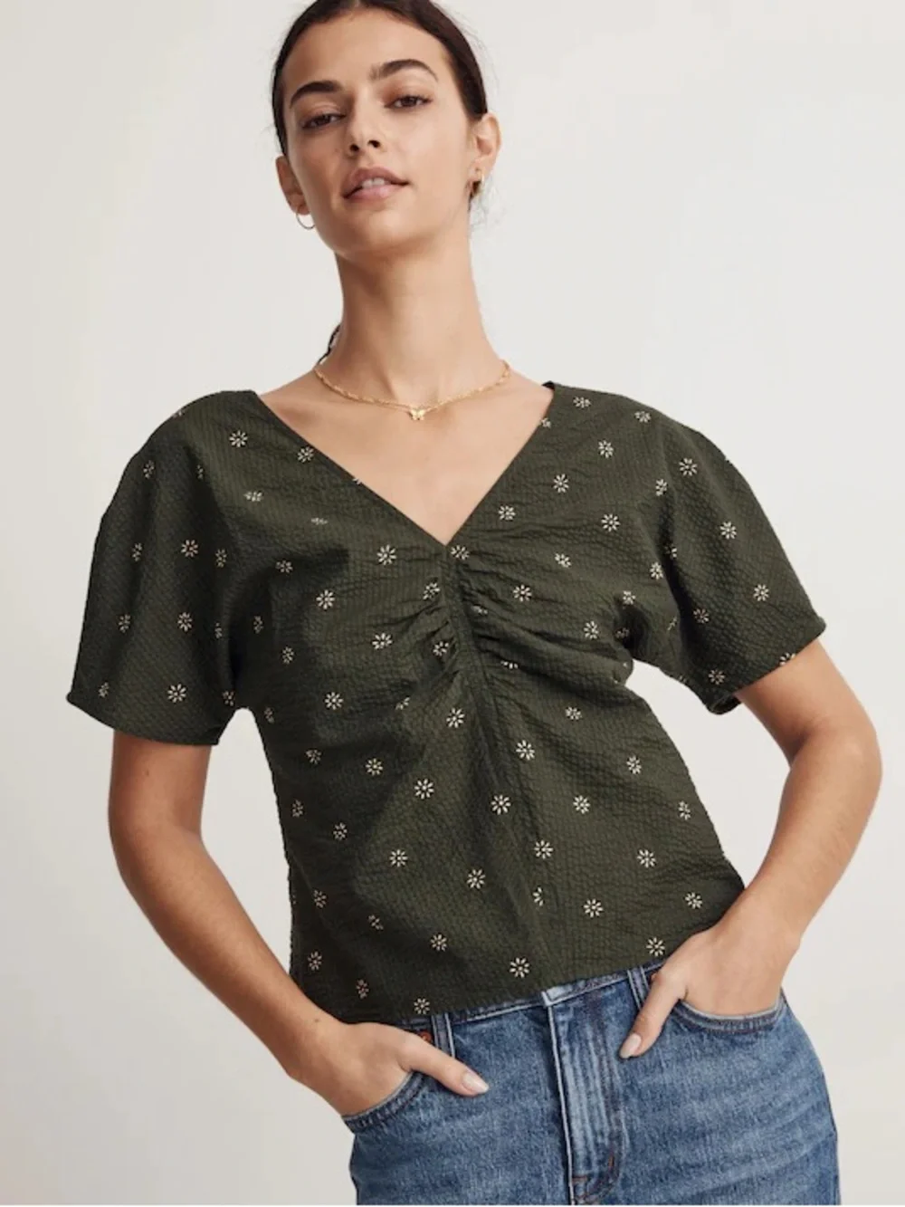 Madewell Voile Puff-Sleeve Top 10 large Floral green 100% Cotton short v-neck
